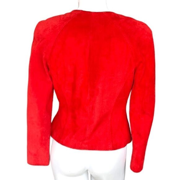 Retro 80s Danier Leather Genuine Suede Red Siren Shoulder Pads Fitted Jacket XS - Picture 2 of 9